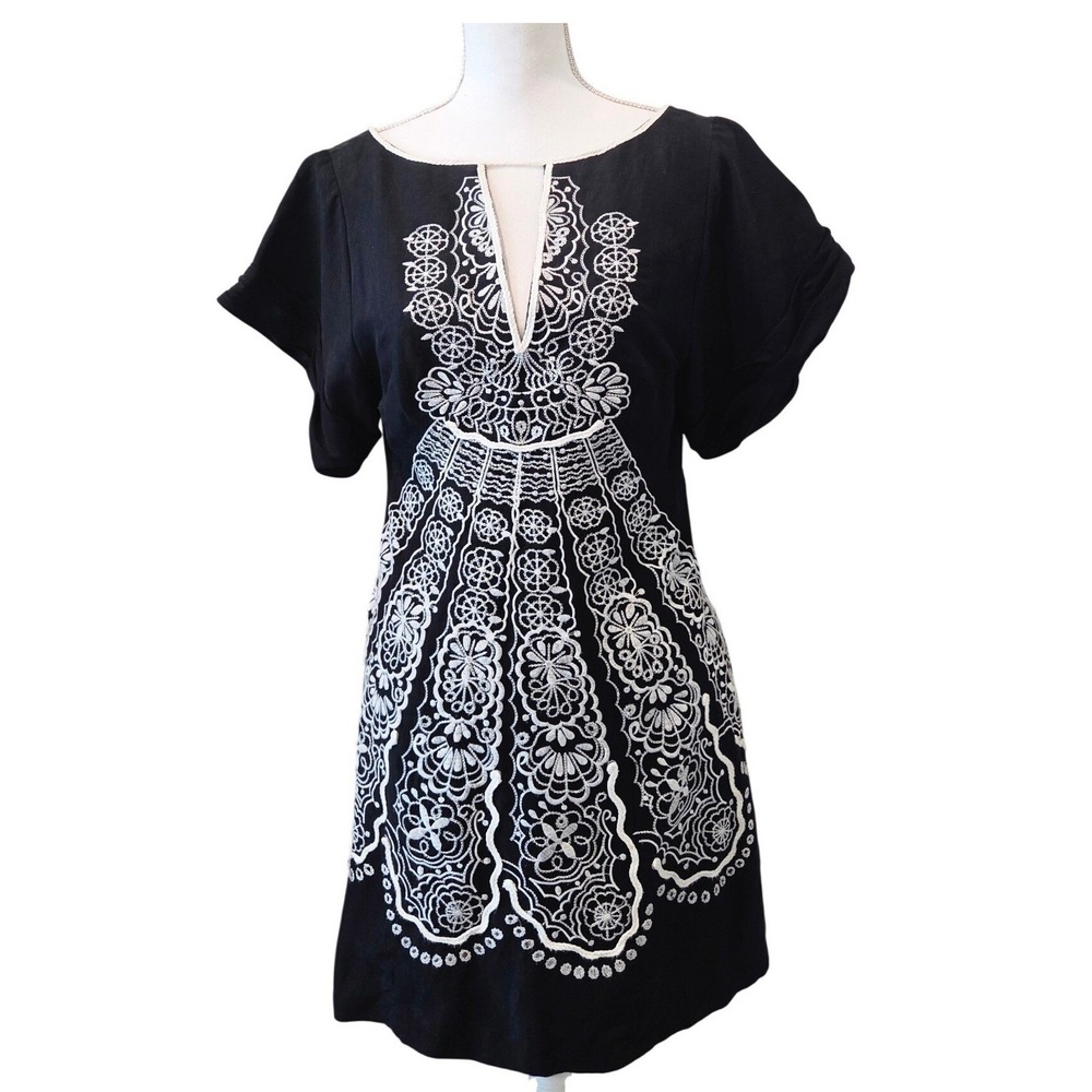 Nanette Lepore Dress Silk Linen Embroidered Shift Open Back Black White Boho 6